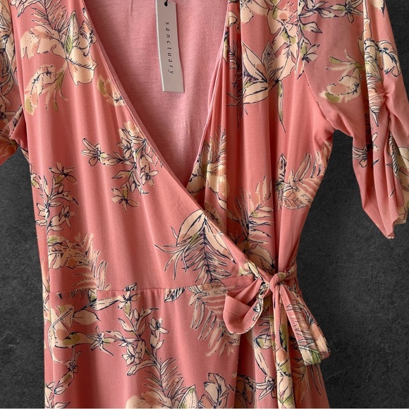 Anthropologie Sanctuary Tropical Floral Blush Pastel Pink Wrap Mini Dress Size L - Picture 5 of 12